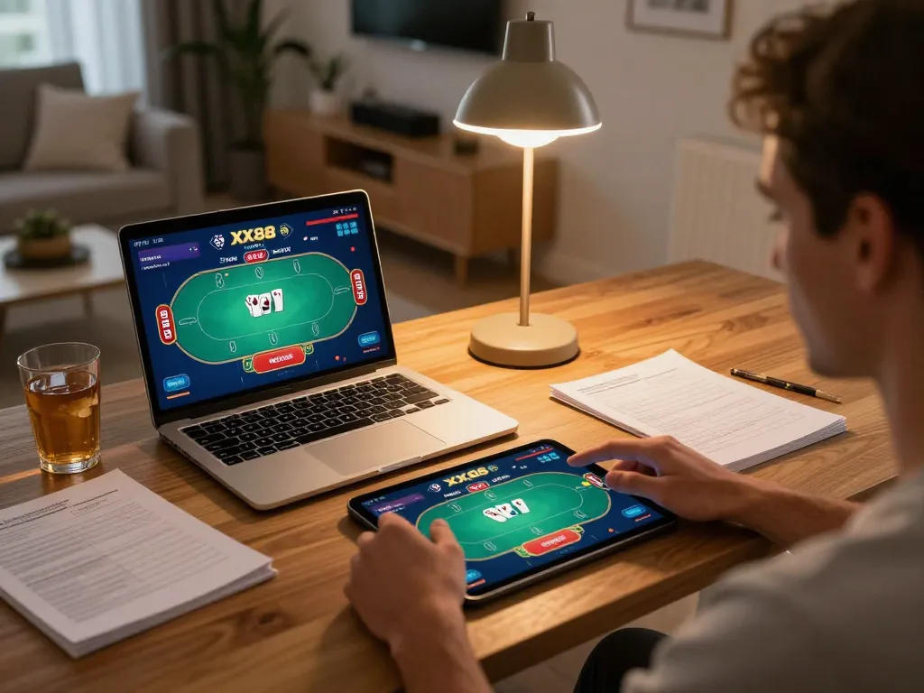 Engaging in XX88 online casino gaming on a tablet while surrounded by notes and a drink
