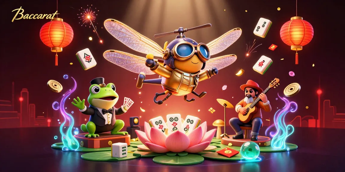 Baccarat game scene with a dragonfly pilot and frog croupier, showcasing vibrant casino elements.