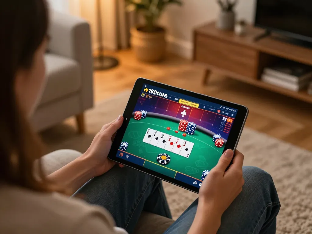 Person enjoying poker gameplay on tablet at home, showcasing 789club gambling experience.
