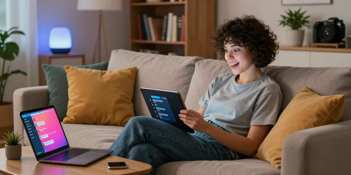 Engaging in an AI sex chat on a tablet in a cozy living space.