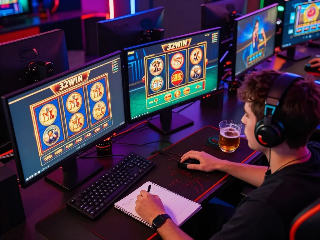 Engaged player enjoying various 32win casino games on multiple screens, highlighting the excitement of online gaming.