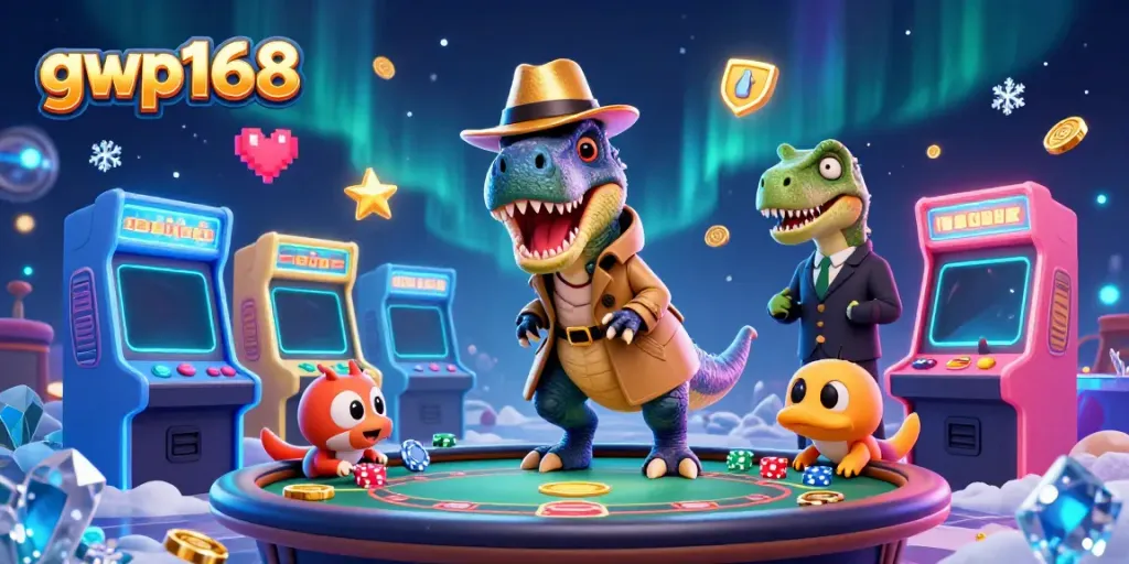 GWP168 menghadirkan permainan blackjack dengan karakter dinosaurus dan suasana kasino yang menarik.