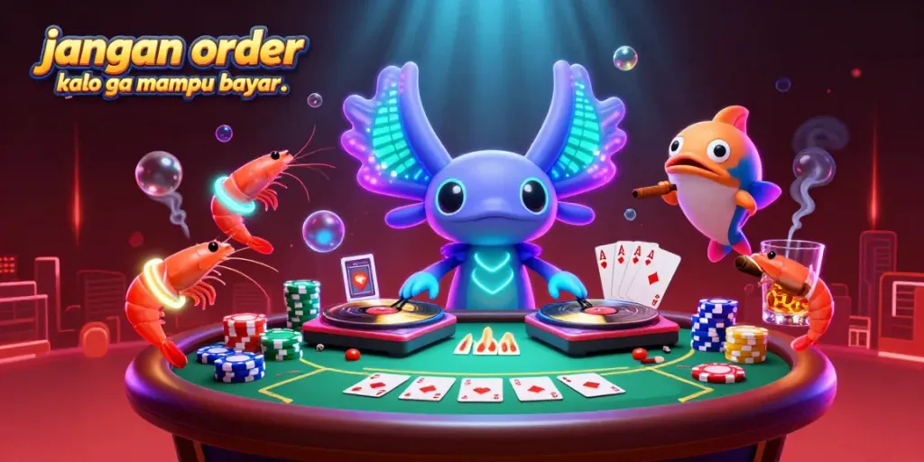 Engaging illustration showcasing "jangan order kalo ga mampu bayar.." with vibrant characters and gambling elements filling the scene.