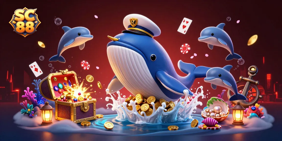 Experience thrilling gaming adventures with SC 88 as vibrant sea creatures celebrate amidst coins and poker chips.