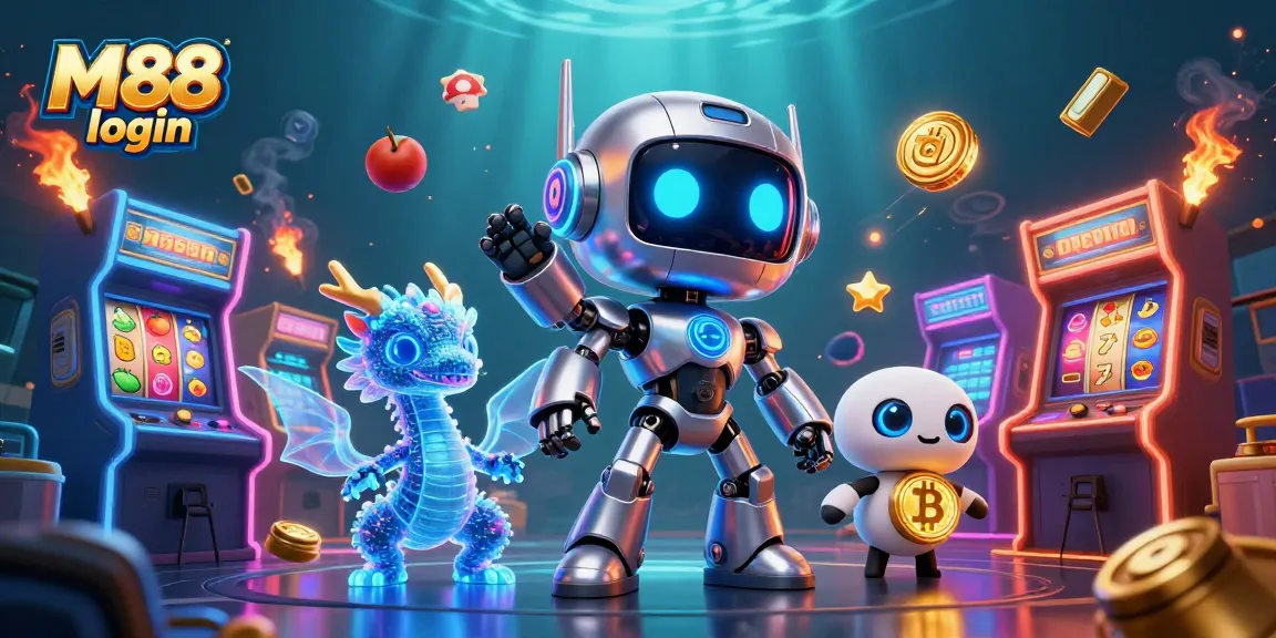 Experience the thrill of M88 login with a dynamic scene featuring a cyberpunk robot and gaming elements.