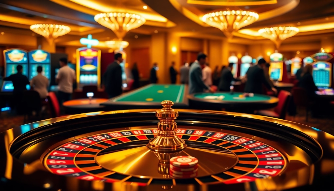 Experience the thrill of RR88 casino's luxurious gambling scene, featuring roulette and poker tables.