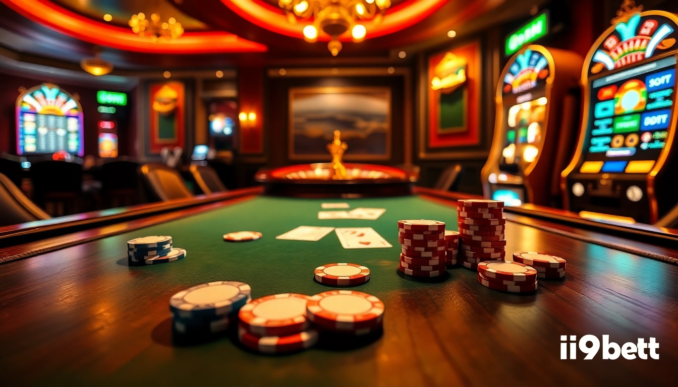Engaging poker game with i9bet chips and cards at a luxurious casino table.