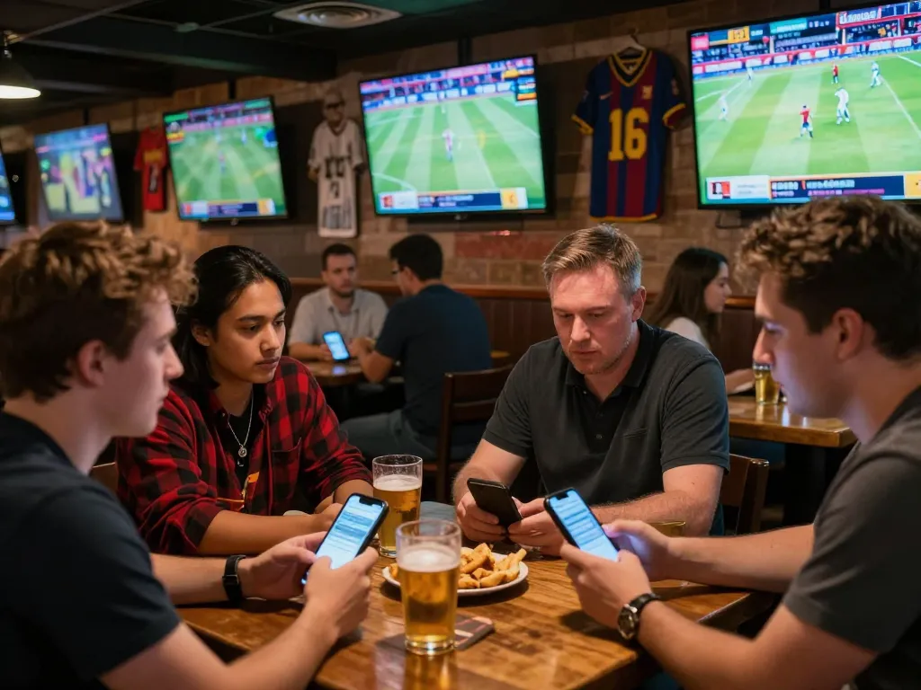 Excited bettors using Bsport app in a vibrant sports bar during live event.