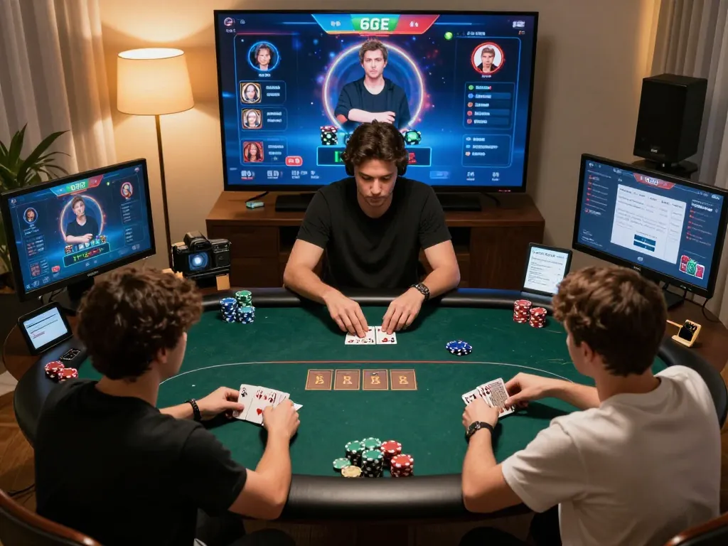 Players engaged in strategic online poker on https://kjc.events/, showcasing cards and chips in a vibrant digital setting.
