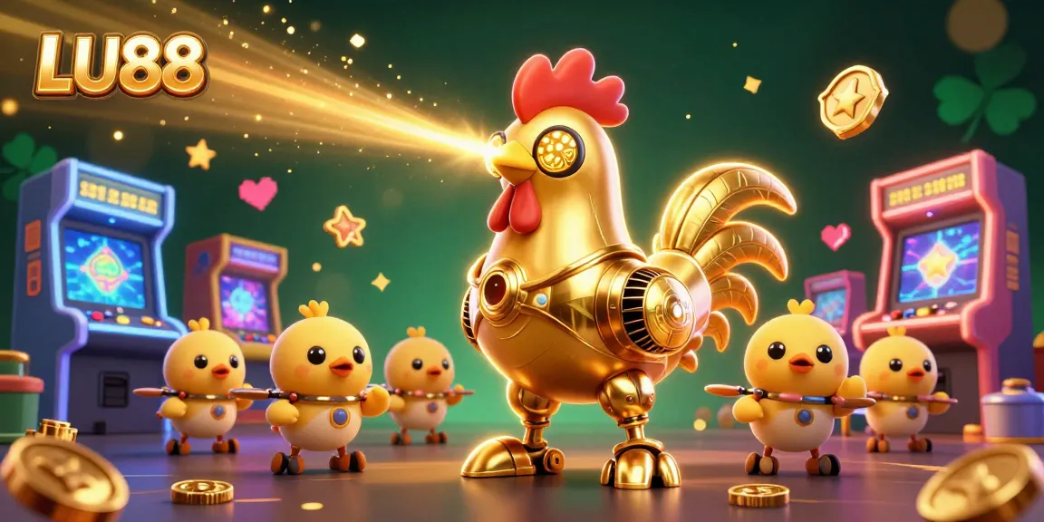 Experience thrilling LU88 action with a vibrant 3D casino illustration featuring a golden rooster robot and playful drones.