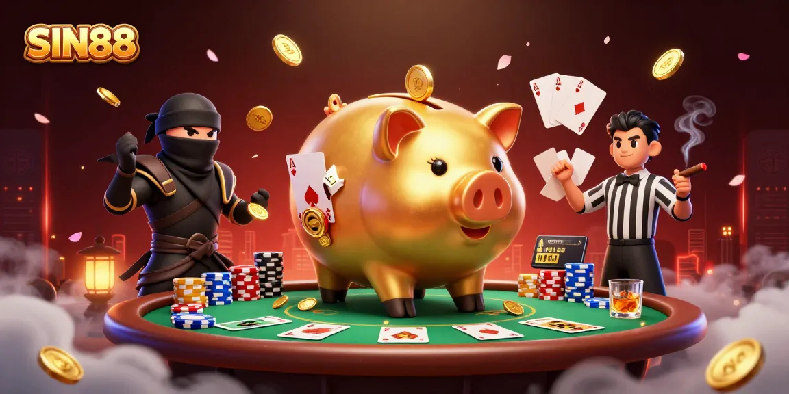 SIN88 showcases an extravagant casino scene with playful characters in an action-packed poker showdown.