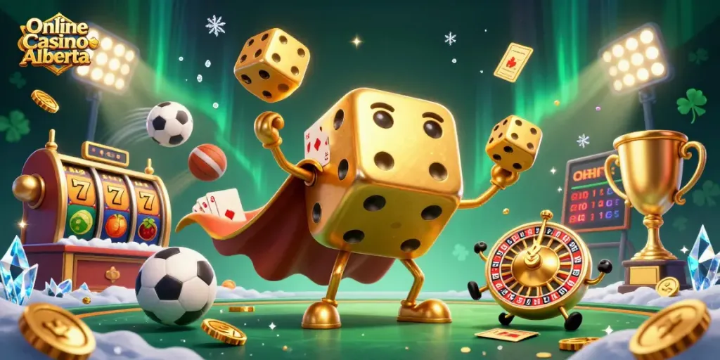 Experience thrilling games at Online Casino Alberta with golden dice, slots, and dynamic action.