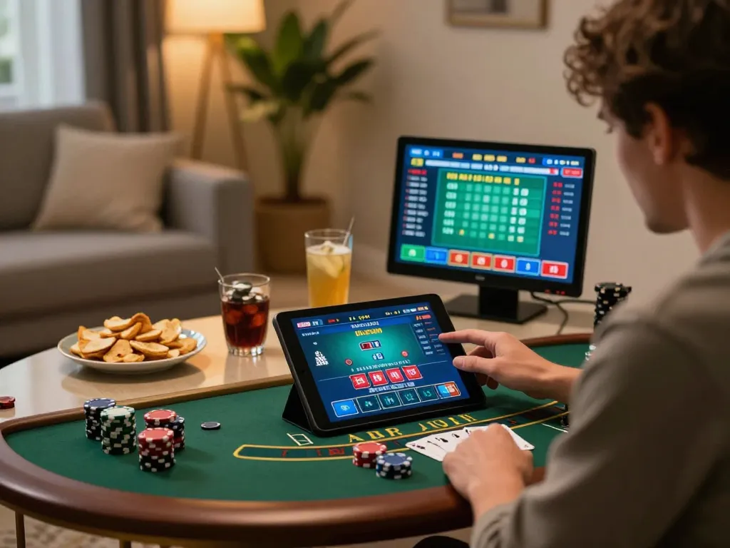 Engaging in live dealer blackjack on a tablet at https://tr88.baby/ with a cozy setting and strategic focus.