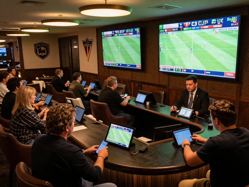Tỷ lệ kèo cúp C1 displayed on multiple screens in a lively sports betting lounge with fans placing bets.