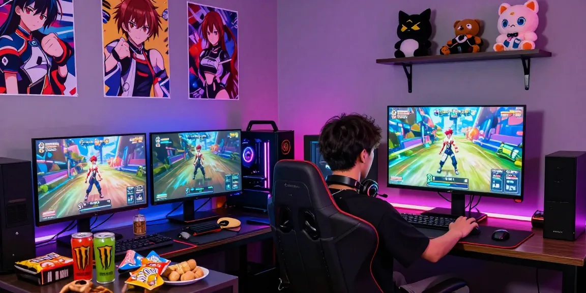 Engaging scene of a young man playing a gay hentai game in a vibrant gaming lounge.
