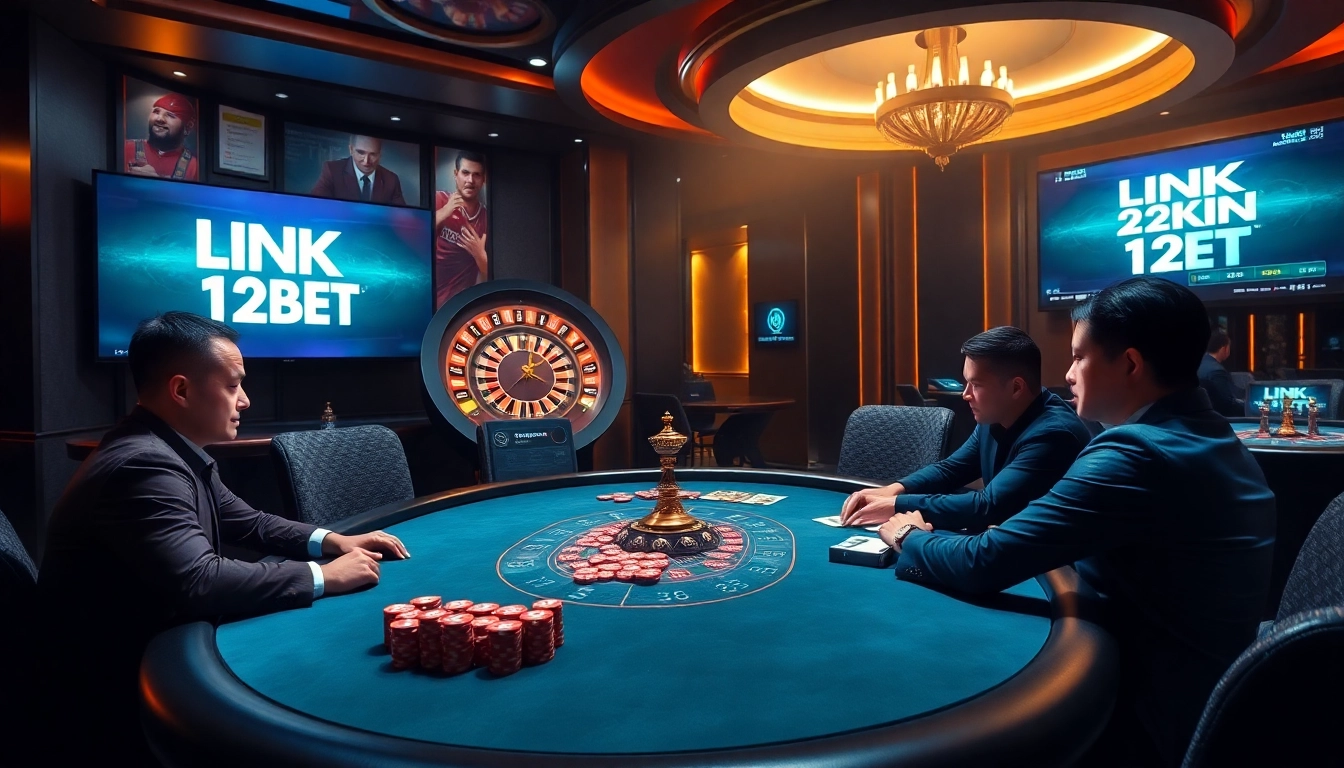 Engage with LINK 12BET at a luxurious casino table filled with chips and cards.