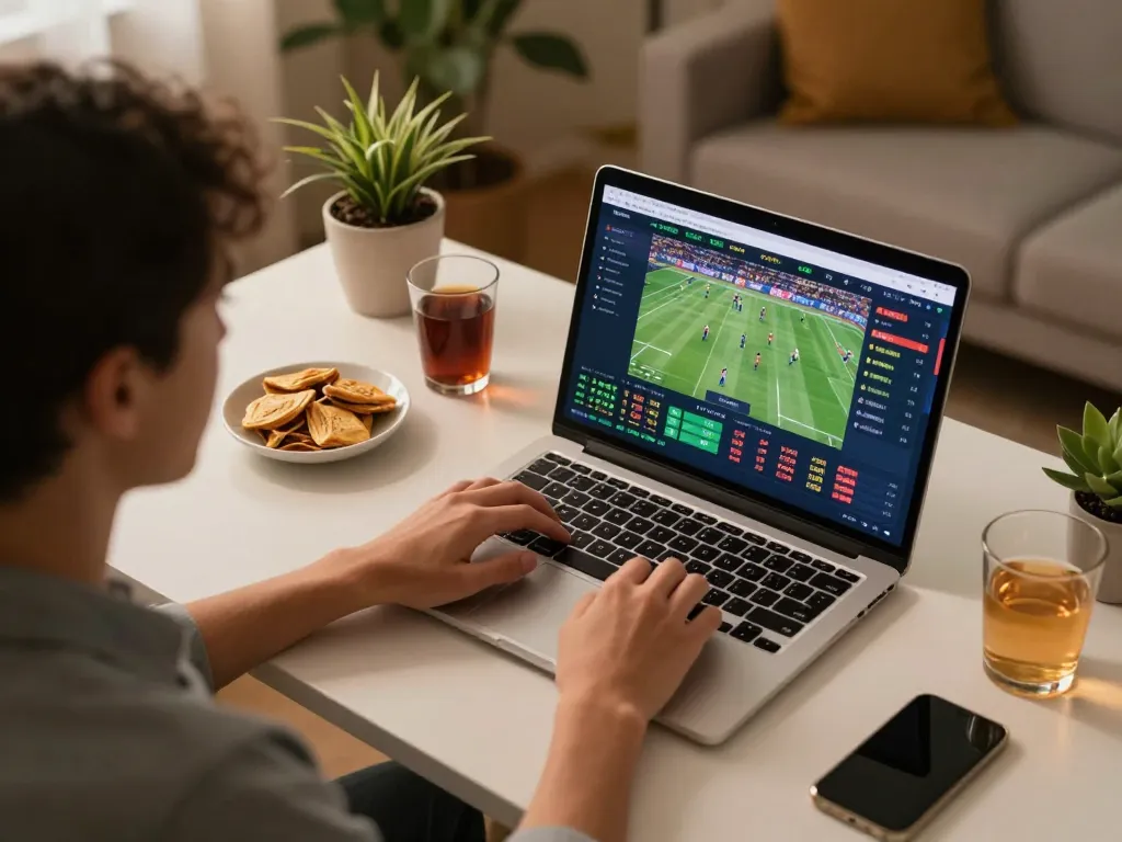 Engaged in online sports betting at nhà cái 8xbet with live odds displayed on laptop.