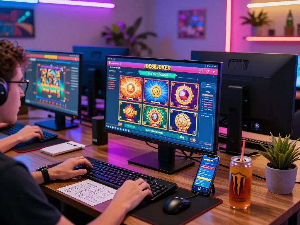 Engaging gaming setup showcasing IDC88JOKER interface for online casino play, highlighting excitement and strategic involvement.