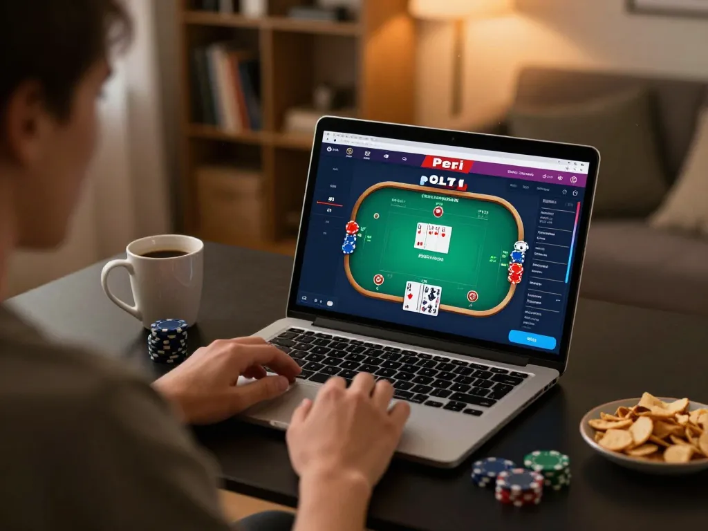 Person playing online poker on pokerseri, showcasing a focused gaming atmosphere with cards and chips visible.