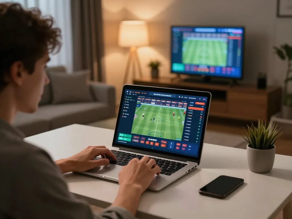 Engaging in sports betting on Sky88 with live odds displayed on laptop
