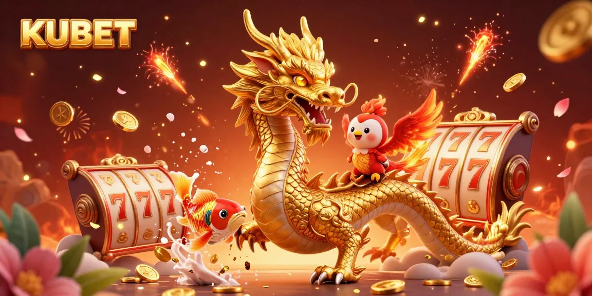 KUBET offers an exciting gaming experience featuring a golden dragon, phoenix, and vibrant slot symbols.