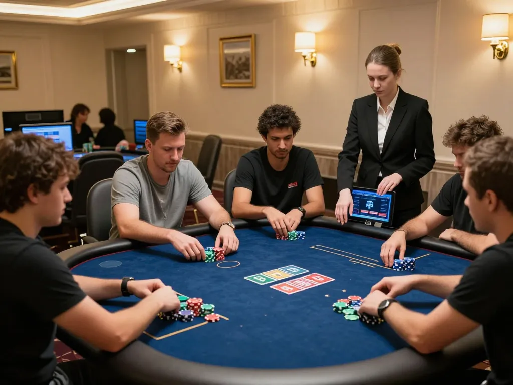 Rajabet123 players strategizing at an online poker table with live dealer interaction in a luxurious setting