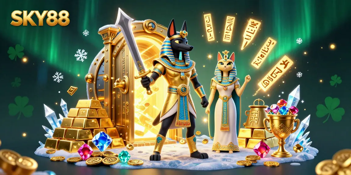 Engage with SKY88's exciting world of gaming through vibrant 3D scenes featuring ancient Egyptian characters.