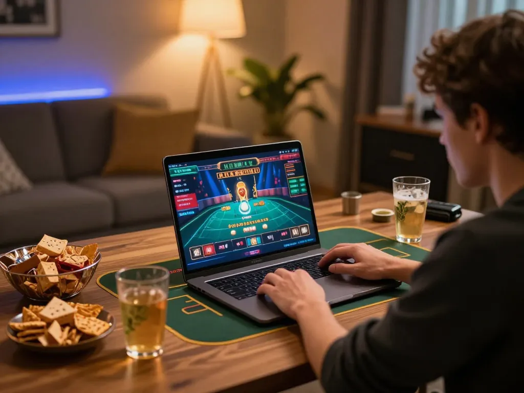 Kuwin player enjoying live dealer game at home, showcasing dynamic online gambling experience.