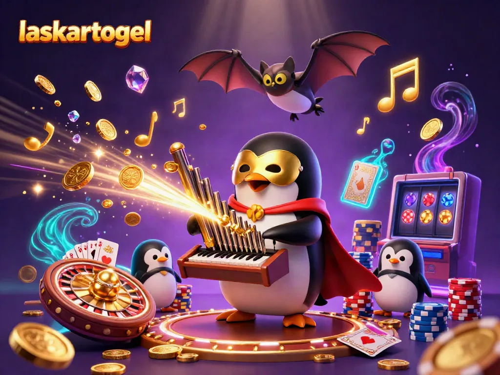 Engage with laskartogel as a penguin plays while golden coins cascade in a vibrant 3D scene.