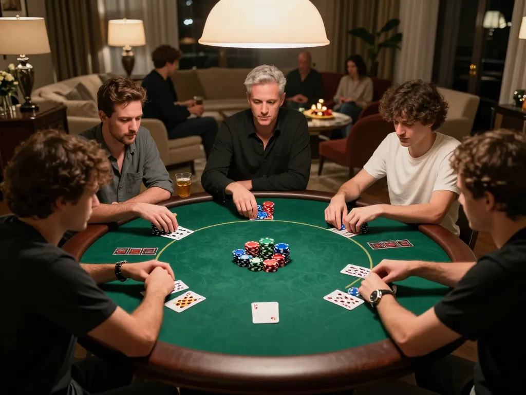 kp88 poker game in a luxurious home with friends enjoying Texas Hold'em strategy.
