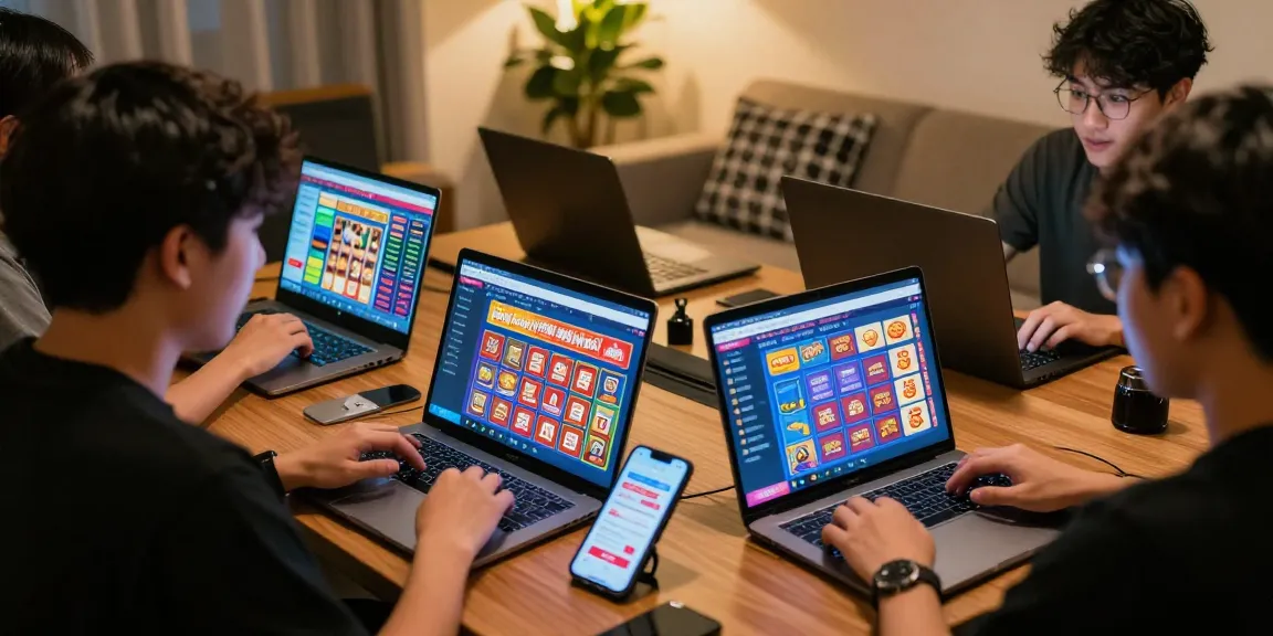 Aktivitas judi online juragan togel dengan peserta berinteraksi menggunakan laptop dan smartphone di lingkungan yang nyaman.