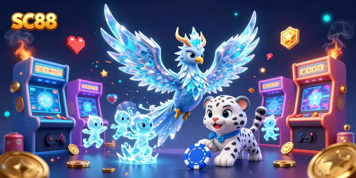 Experience the excitement of SC88 with a 3D illustration of an ice phoenix, poker chip, and animated characters.