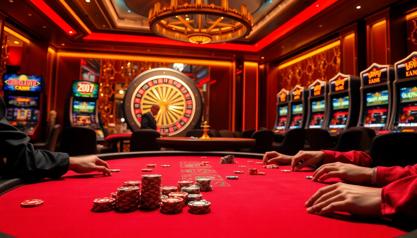 Gambling excitement at a luxurious casino table with poker chips, highlighting liên minh kjc branding.