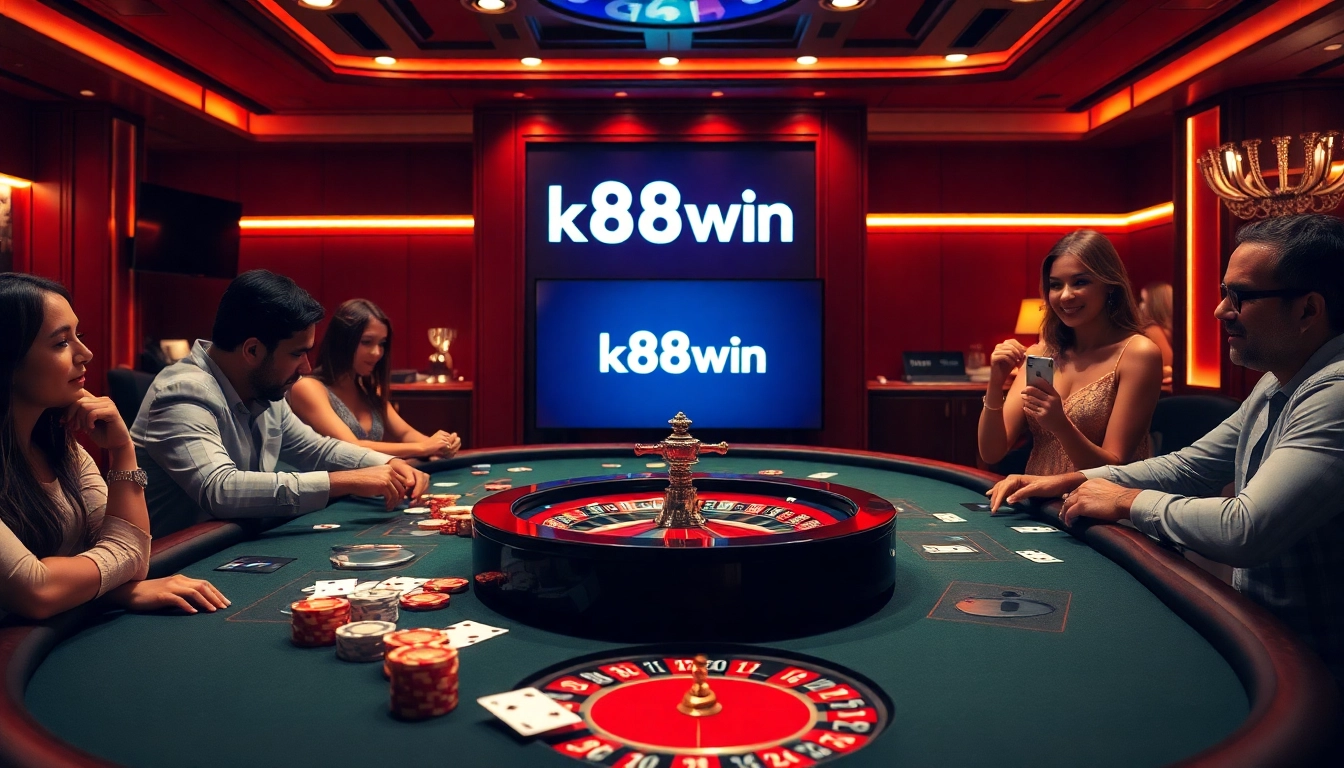 Engaging scene featuring k88win logo on a vibrant casino table with poker chips.