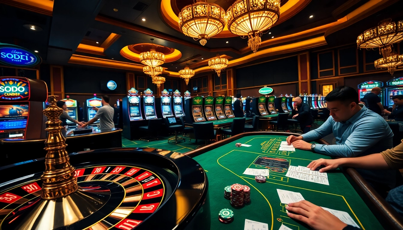 SODO casino scene with players engaged in thrilling games, showcasing exciting betting action.