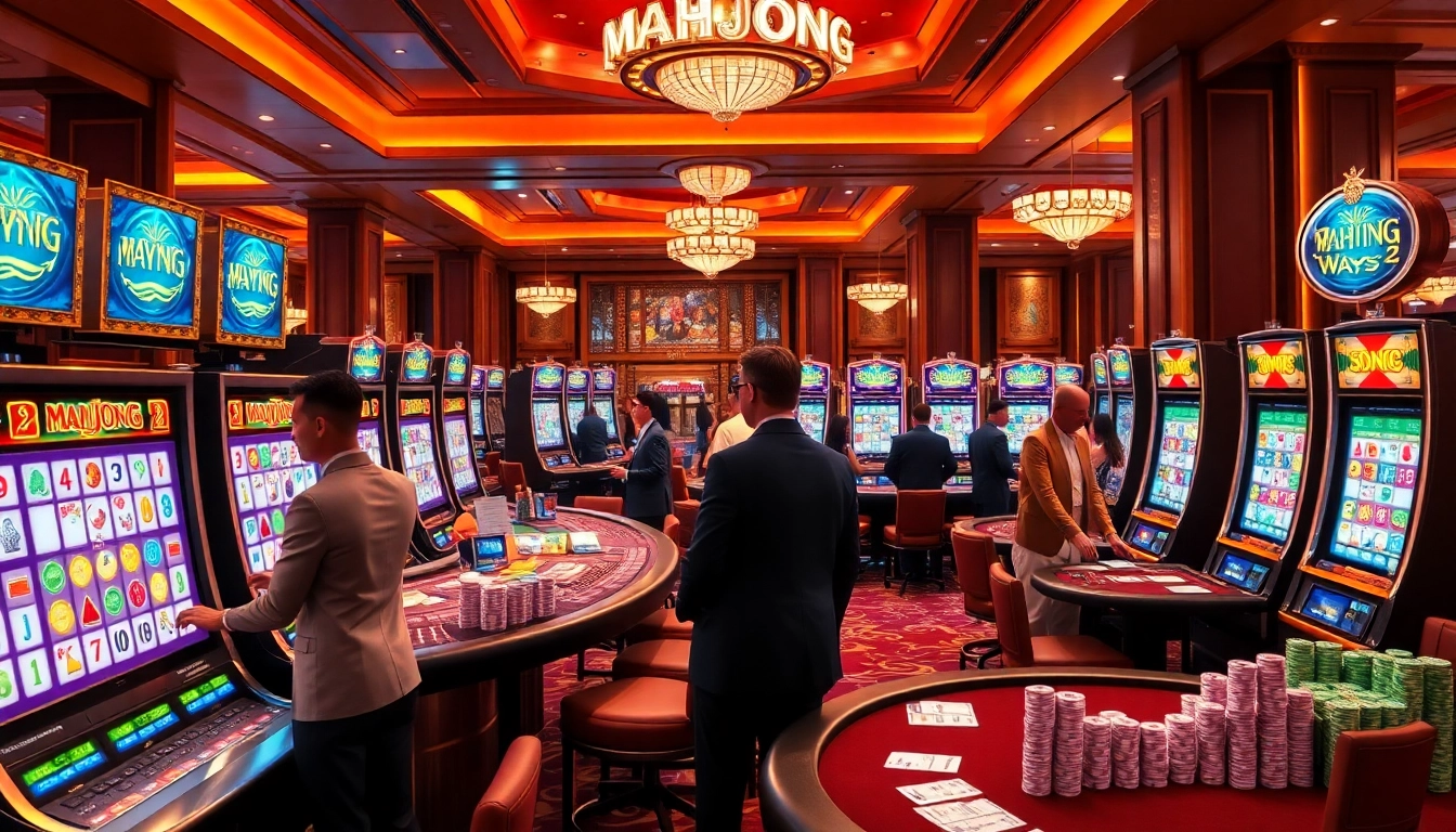 Players enjoying Mahjong Ways 2 in a luxurious casino, showcasing a vibrant gaming atmosphere.