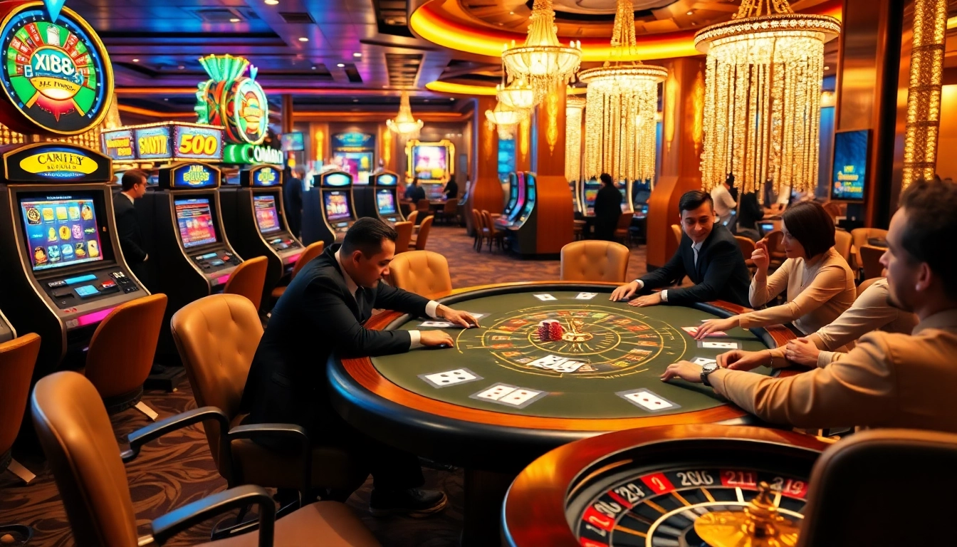 Xin88 casino scene showcasing exhilarating poker action and vibrant slot machines.