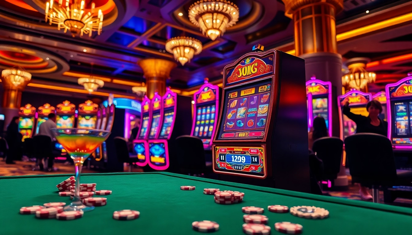 Players celebrating a big win at a vibrant slot machine in an upscale casino.