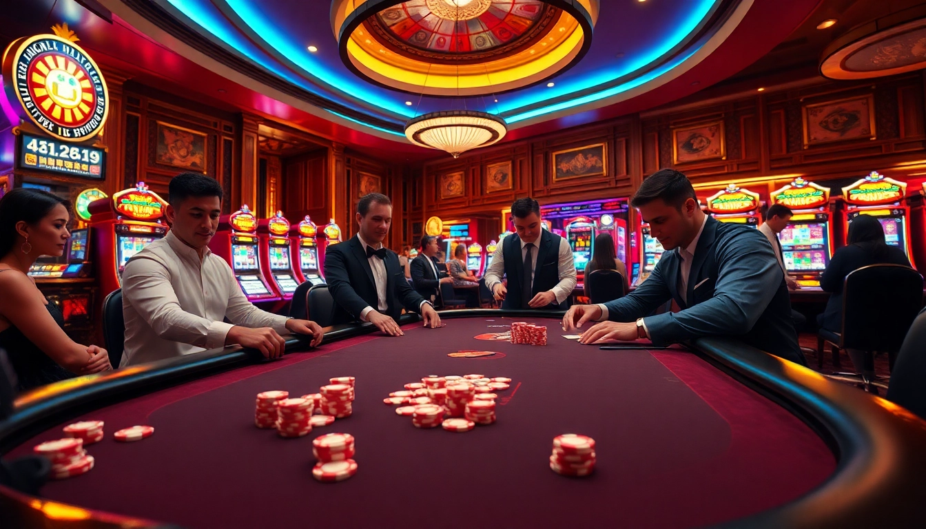 Players engaging in thrilling poker at MV88 casino, amidst vibrant slot machines and an elegant setting.