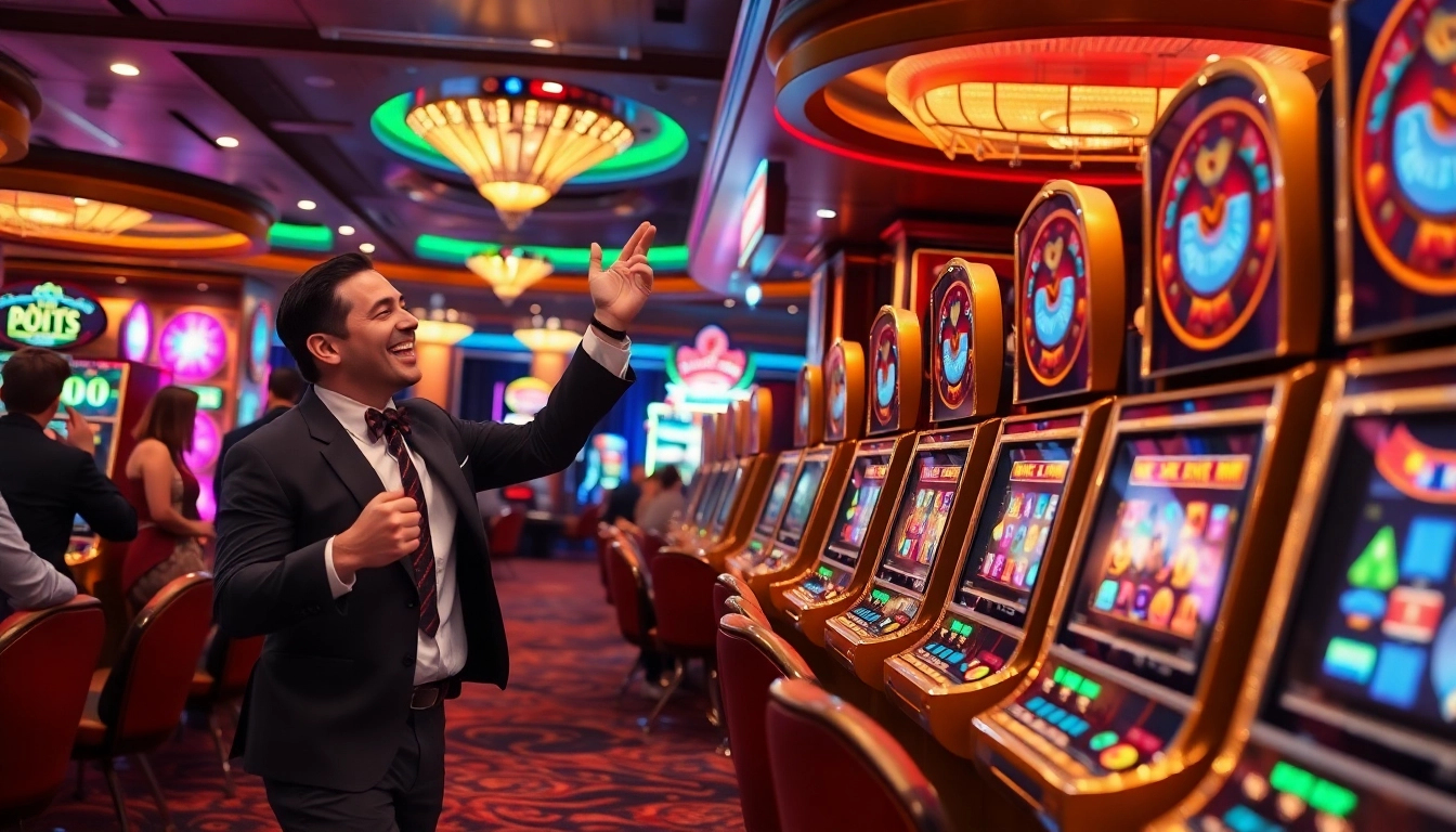 Excited player winning on a situs gacor slot machine in a vibrant casino atmosphere.