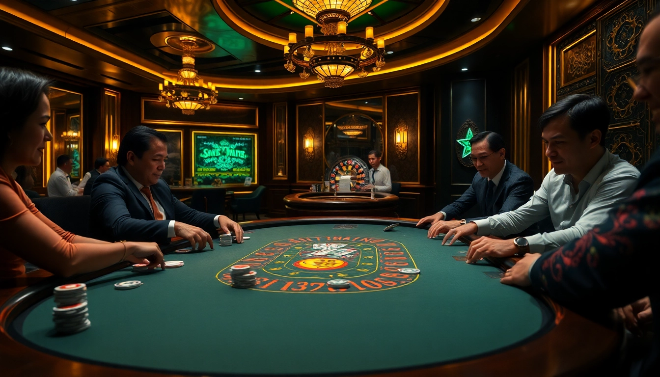 A captivating casino scene showcasing the vibrant energy of trang chủ bet88 with excited players at a blackjack table.