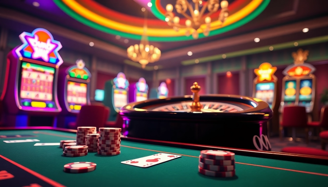 Betting excitement at 99win cc casino with vibrant tables and slot machines.