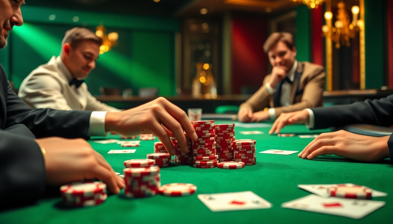 Engage in thrilling Poker 6FF action at a luxurious casino table with vibrant chips and focused players.