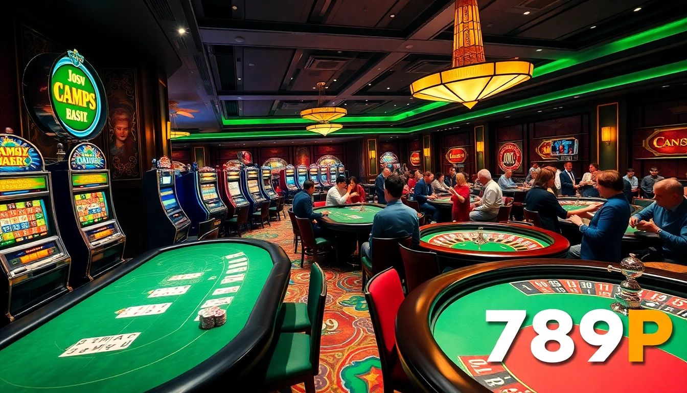 Experience a thrilling game at 789P with vibrant casino tables and lively slot machines.