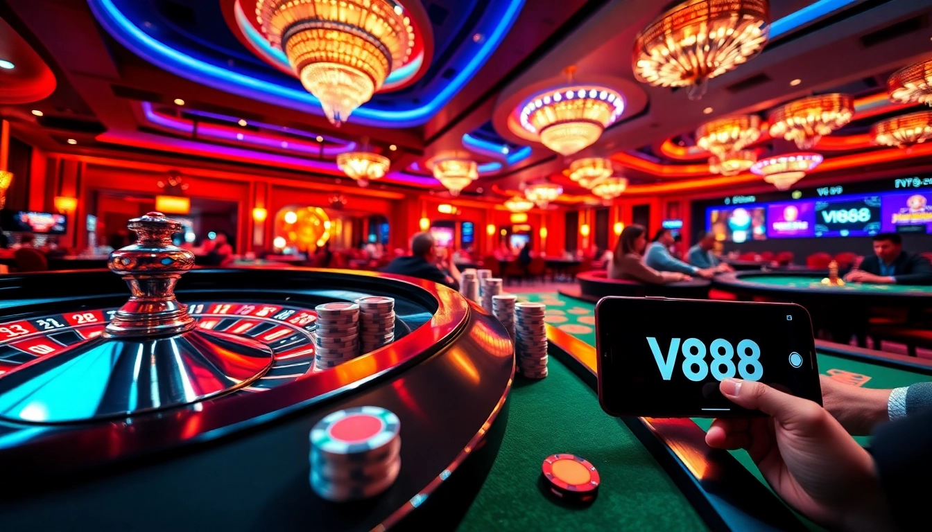 Experience the thrill of 88vn gaming with vibrant casino tables, chips, and an immersive roulette wheel.