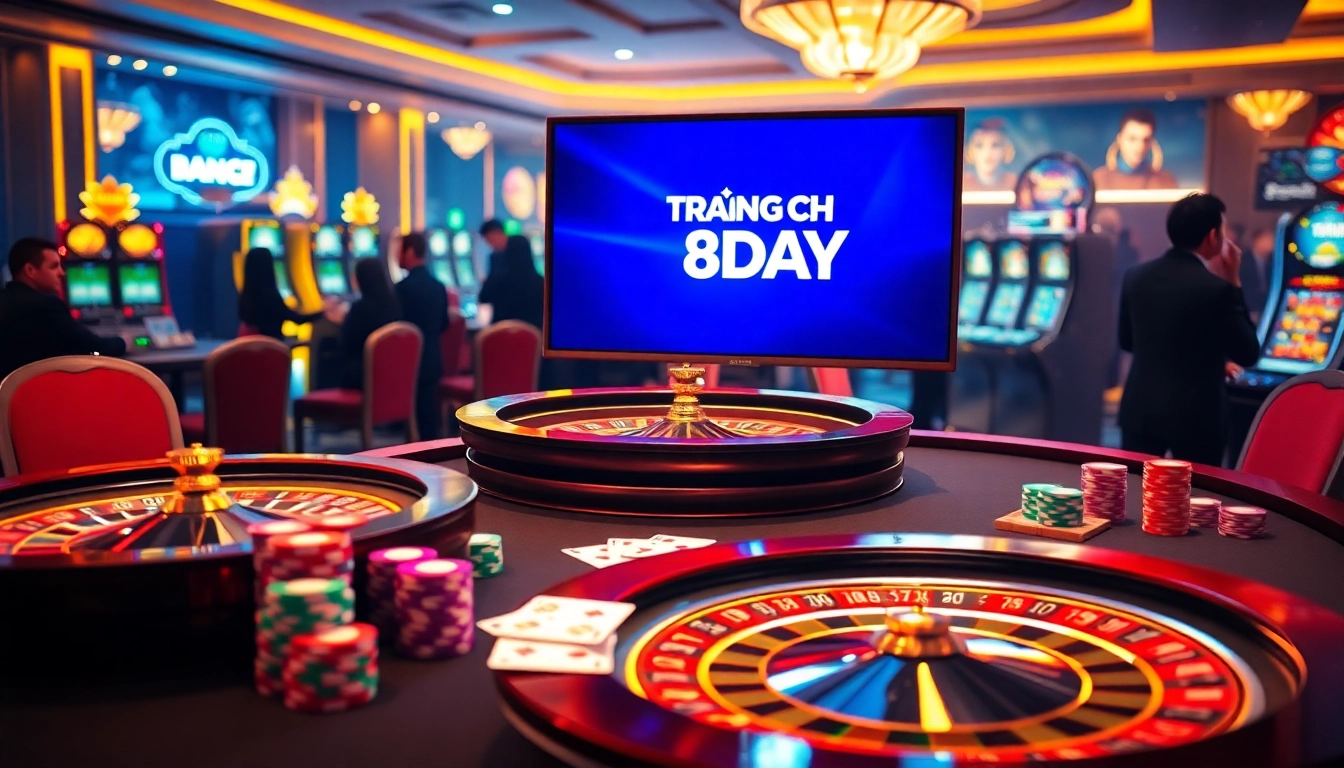 Engaging scene depicting the vibrant TRANG CHỦ 8DAY online casino experience with gaming elements.