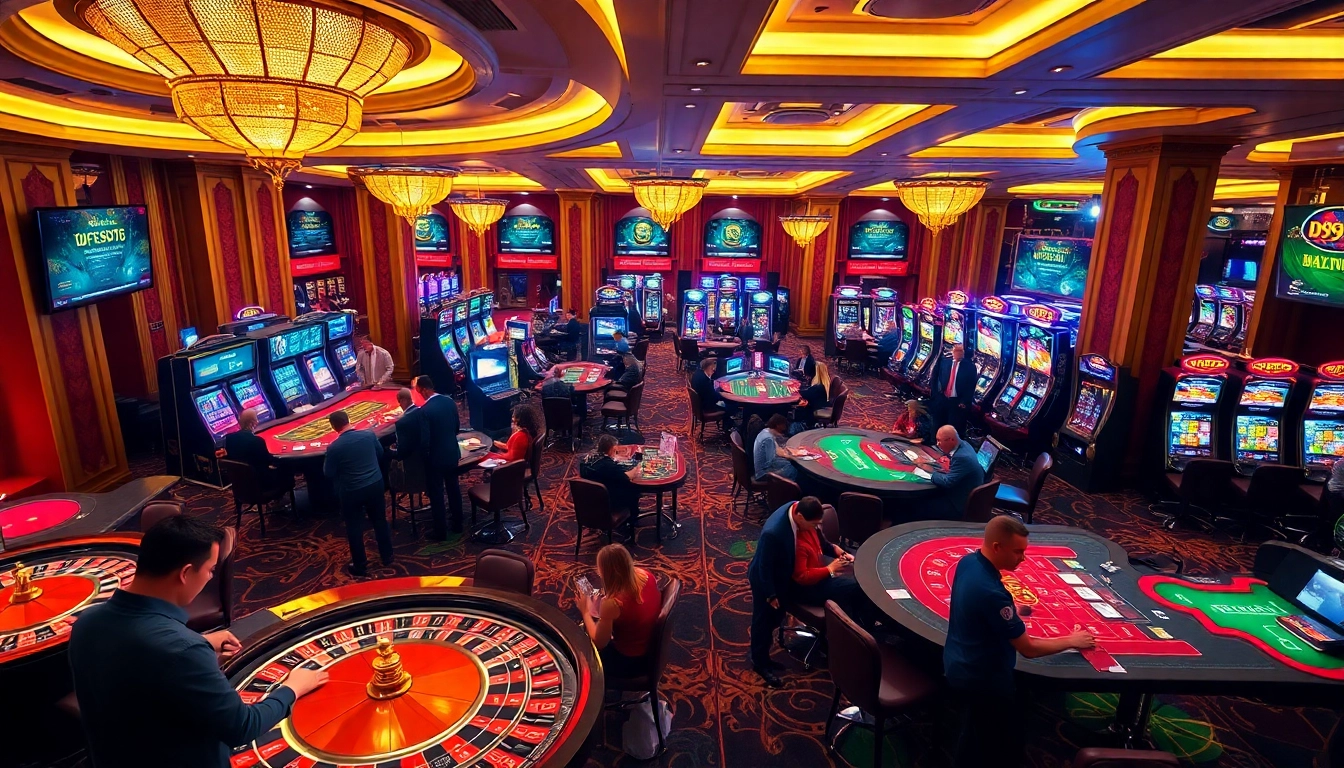 A vibrant casino scene featuring DF999 with players enjoying roulette and blackjack games in a luxurious setting.