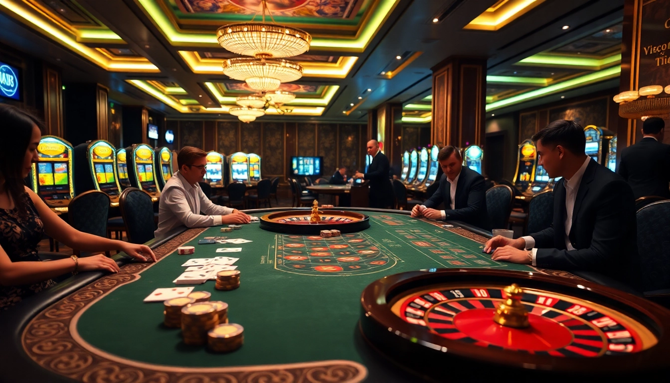 Exciting gameplay at NHÀ CÁI VA88 featuring casino tables and rich decor.