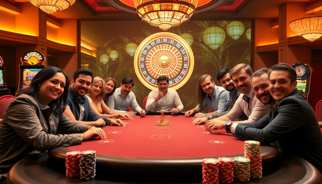 Excited players engaging in a high-stakes game at Rik vip's modern casino table.