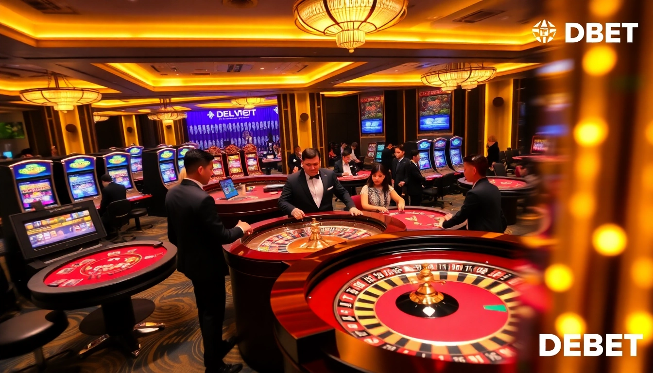 Gambling excitement at Nhà Cái DEBET with players engaging at roulette and poker tables.